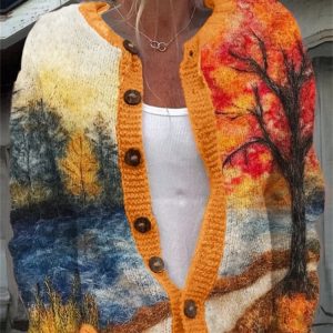 Womens Stylish Versatile Printed Knit Sweater Jacket