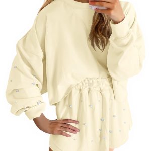 Womens Casual Long-sleeve Top And Shorts Set