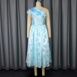 Women's Oblique Shoulder Contrast Color Evening Dress Jacquard Elegant Dress