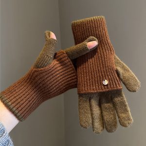 Dual-Use Colorblock Knitted Wool Gloves In The Maillard Style