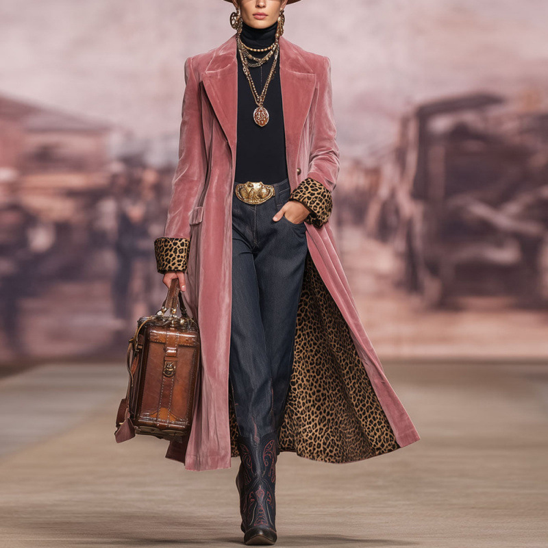 Patchwork Lace Gold Velvet Suit Long Coat Women's Wear - Image 3