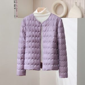 Womens Short Puff Jacket With A Ruffled Crew Neck