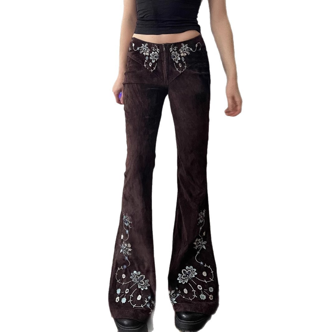 Denim-style Casual Pants With Floral Embroidery - الصورة 5