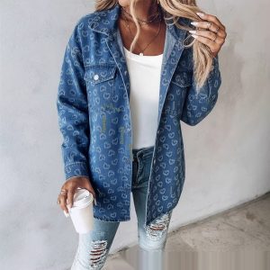 Womens Retro Full Print Heart Jacquard Denim Jacket