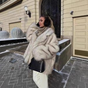 Mid Length Womens Faux Fox Fur Coat With A Blazer Style Collar