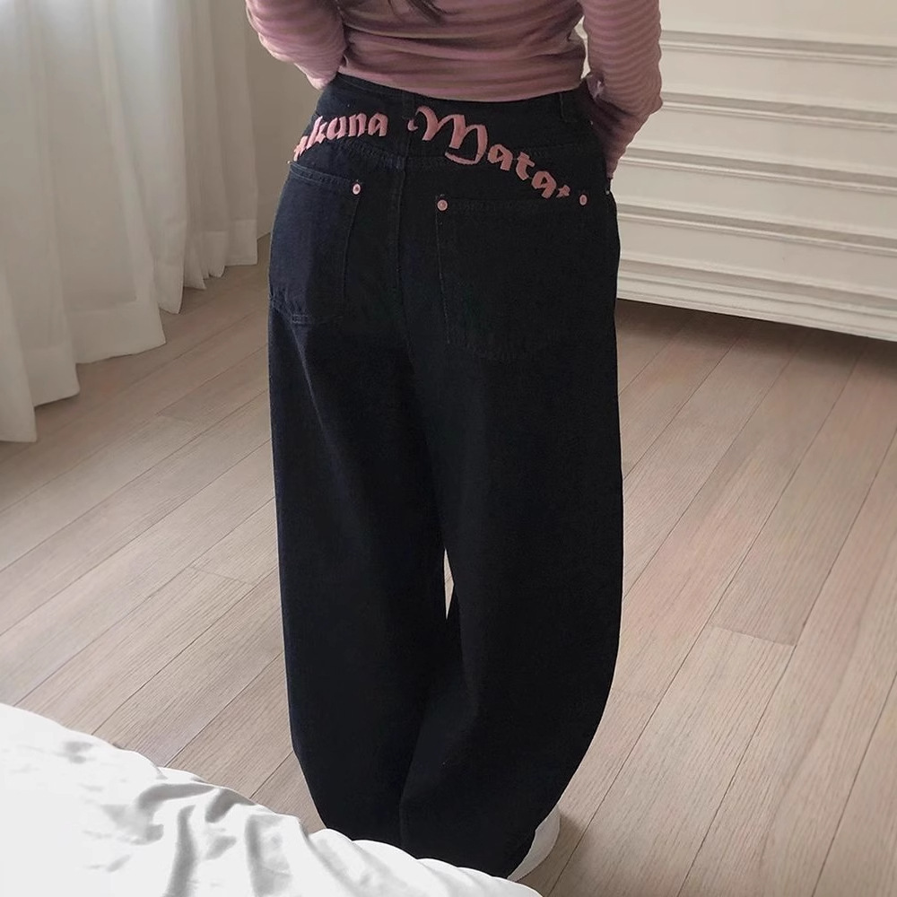 Letter-embroidered Printed High-waist Slimming Straight-leg Jeans - الصورة 4