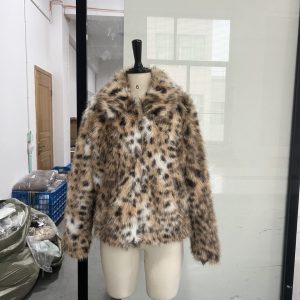 Womens Leopard-Print Casual Collared Warm Coat