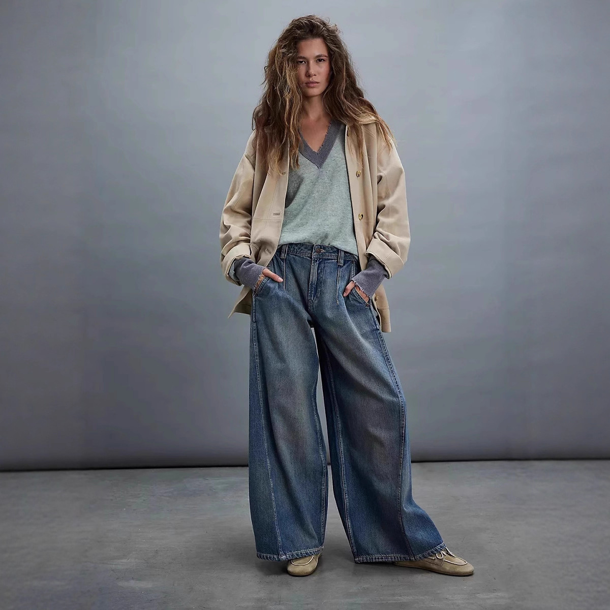 Womens Fashionable Retro Wide-Leg Denim Jeans - الصورة 5