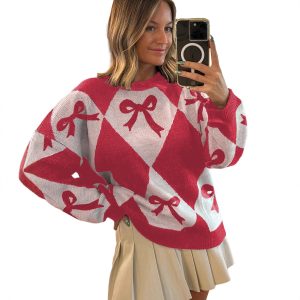 Womens Trendy Pullover Sweater With A Bow-knot Print And Long Knitted Sleeves
