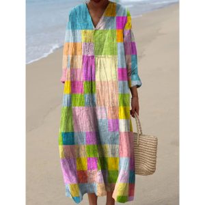 Resort Style Printed Long Sleeve For Women Loose Fitting V Neck Maxi Dress