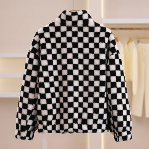 Wool Checkered Stand Collar Zip-up Fleece Short Jacket