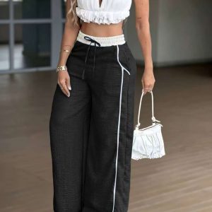 Panel-joined High-waist Straight-leg Wide-leg Pants With Pockets