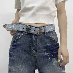 Blue Denim Belt Vintage Carved Leather Belt Accessory