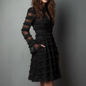 Womens Fashionable Casual Textured Long-Sleeve Dress