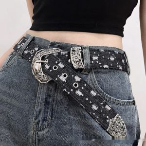 Blue Denim Belt Vintage Carved Leather Belt Accessory