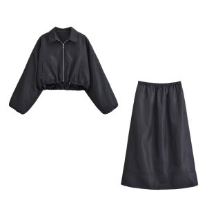 New Autumn Versatile Minimalist Short Jacket With A Turn-down Collar And Skirt