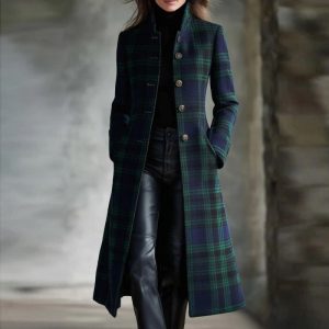 Womens Single-Breasted Plaid Long-Sleeve Long Cardigan Coat