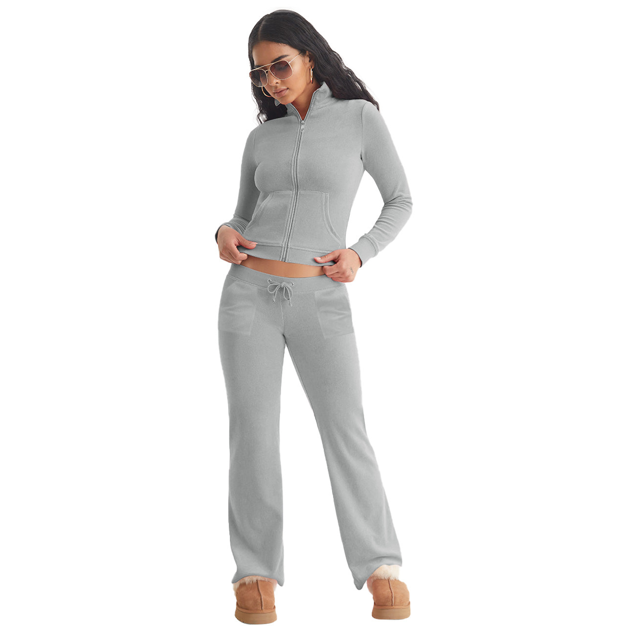 Stylish Casual Two-Piece Set With Silver Fox Fleece Stand Collar - الصورة 6