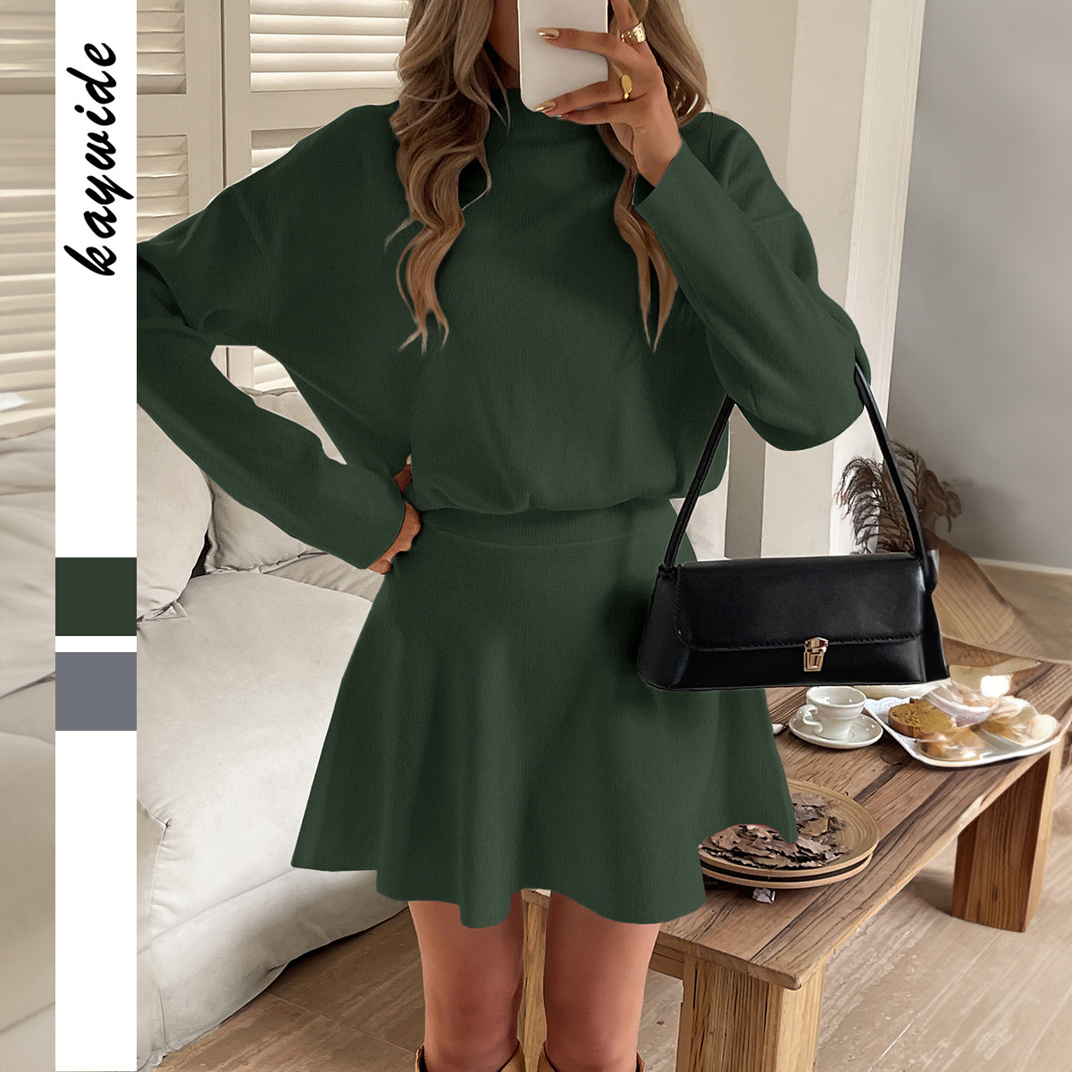 Womens Solid-Color Elegant Knit Long-Sleeve Dress - الصورة 2