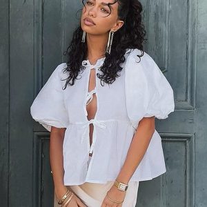 Cotton Lace Up Round Neck Loose Short Sleeved Top