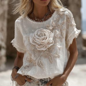 Womens Retro Printed Patchwork Crew-Neck Top