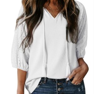 Womens V-neck Hooded Three-Quarter Sleeve Tassel Shirt