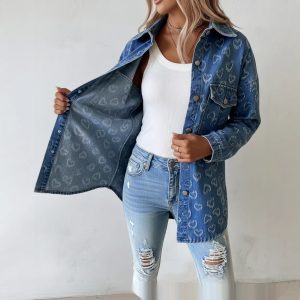 Womens Retro Full Print Heart Jacquard Denim Jacket