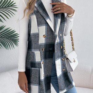 Women's Plaid Double-Breasted Pocket Tweed Long Vest