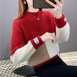 Half Turtleneck Loose Fit Color Block Knit Top For Women