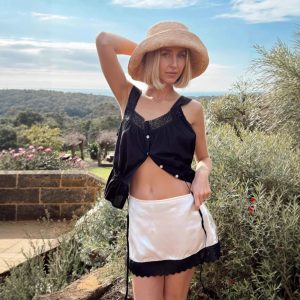 Womens Lace Skirt In Matte Satin Cropped Length