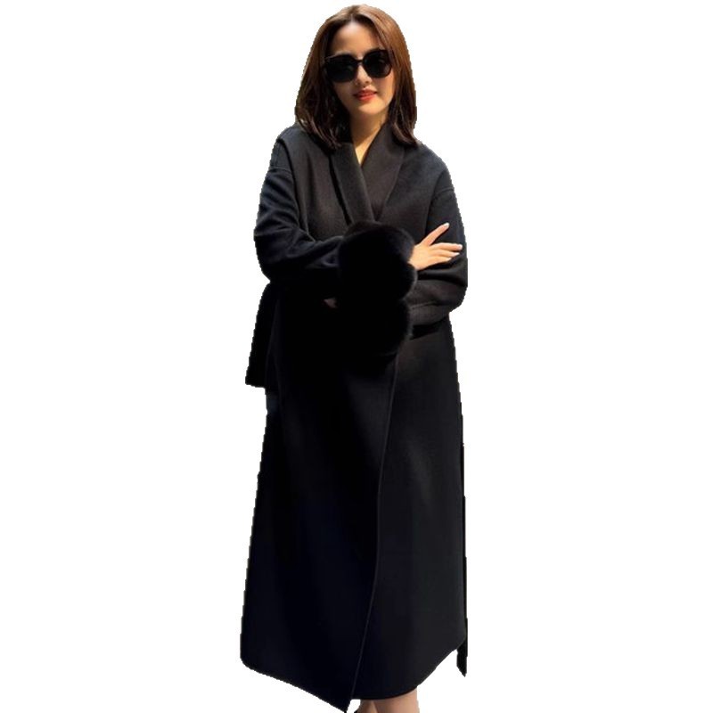 Wool Coat For Women Mid-length Black With Fox-fur Cuffs - الصورة 4