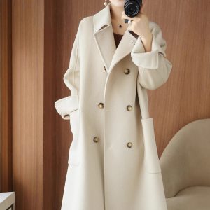 Long Below-the-Knee Double-Breasted Wool Coat In Korean Style