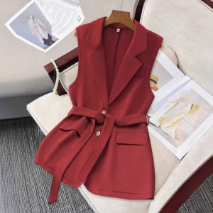 Womens Solid-Color Blazer-Style Loose-Fit Vest With Ties