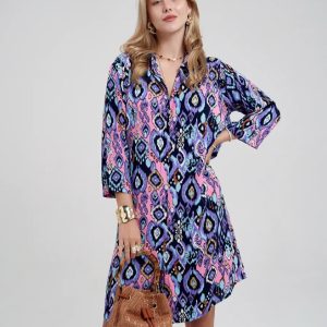 Printed Lapel Single-breasted Cardigan Shirt Dress