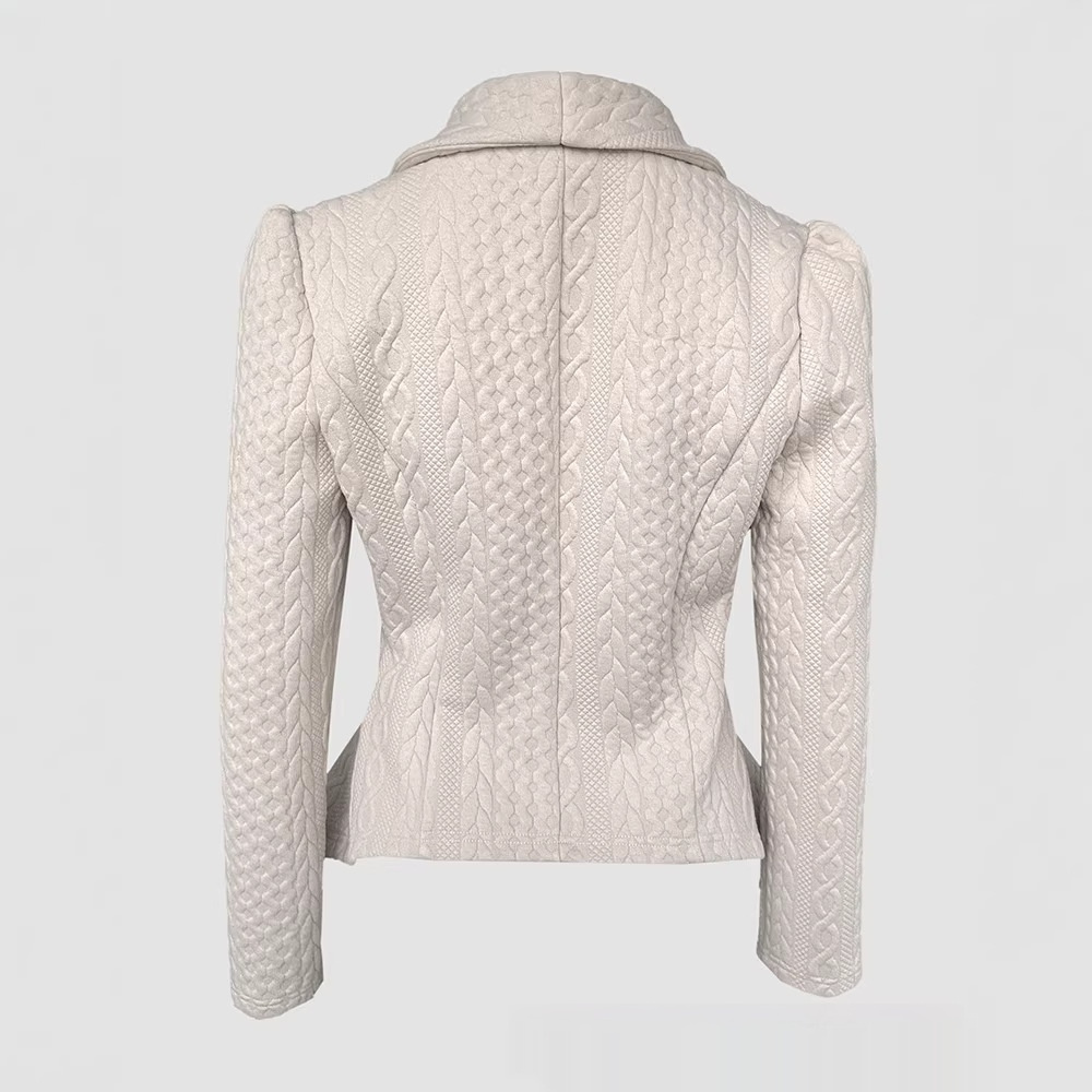 Womens Knitted Jacquard Lapel Fitted Waist Long Sleeve Coat - الصورة 4