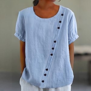 Womens Retro Cotton-Linen Short-Sleeve Shirt