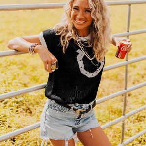 Womens Crew-neck Knitted Short-sleeve Pullover Top