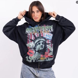 High-street Vintage Washed-and-distressed Print Hoodie With A Zip-up Hood