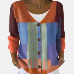 Womens Printed Knitted Sweater With Buttons Printed Cardigan