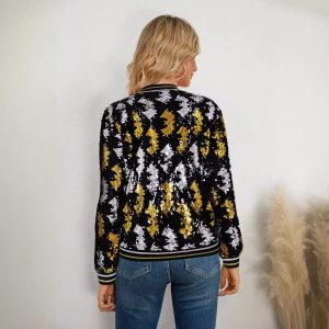 Slim-fit Elegant Long-sleeve Sequin Baseball Jacket For Workwear