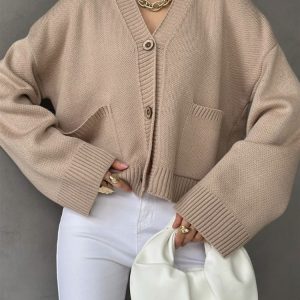 Solid-color V-neck Knitted Cardigan With Large Pockets For Women