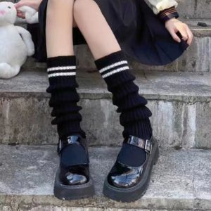 Womens Knitted Striped Black Over-the-Knee Socks