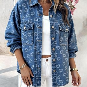 Womens Retro Full Print Heart Jacquard Denim Jacket