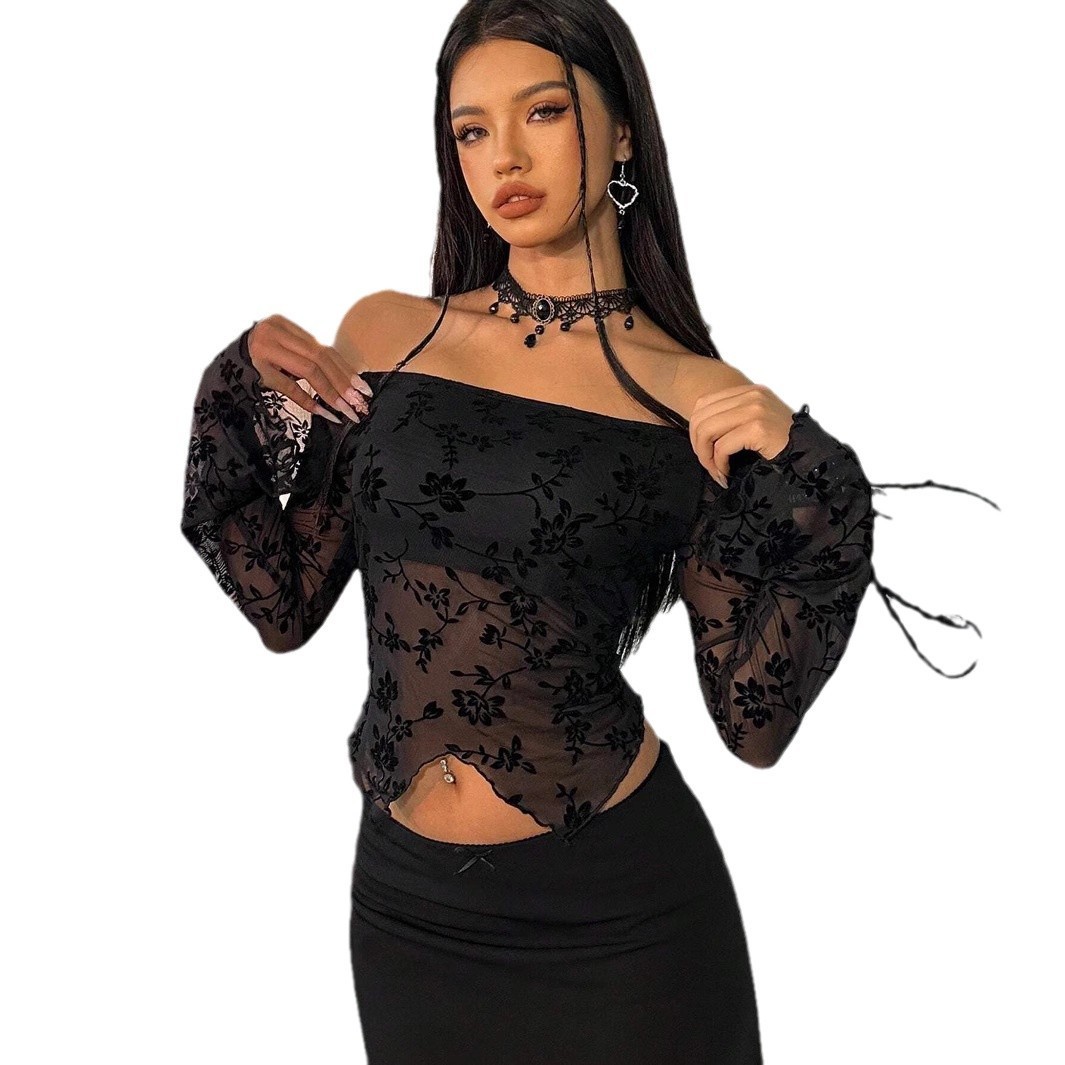 Womens Solid-Color Elegant Floral Mesh Off-the-Shoulder Flare-Sleeve Top - Image 5