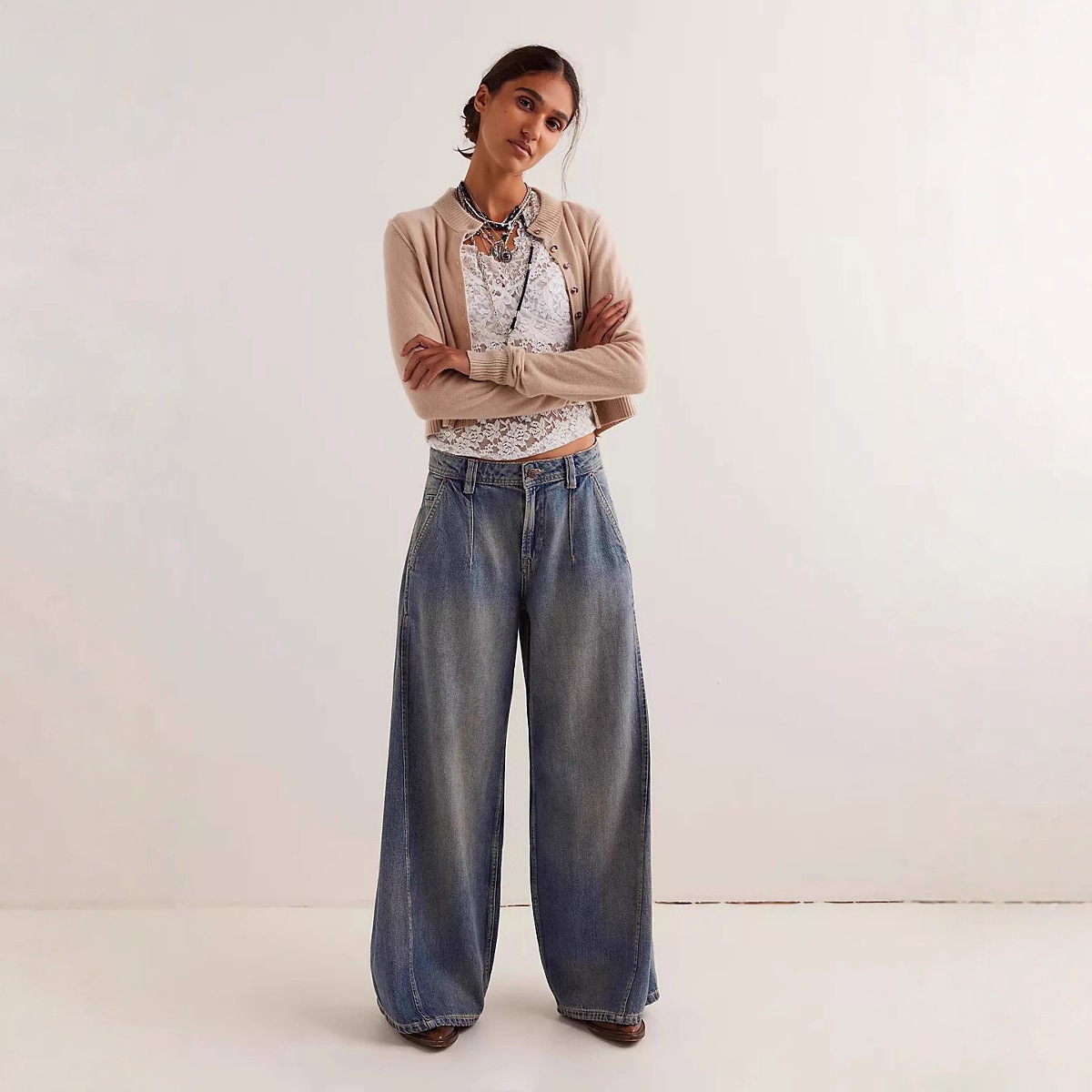 Womens Fashionable Retro Wide-Leg Denim Jeans - الصورة 2
