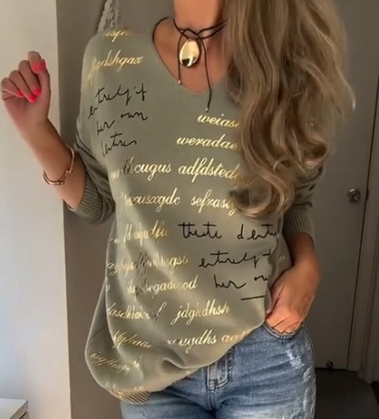 Solid-color Printed Letter Long-sleeve Top For Women - Image 7