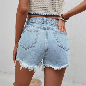 Womens Embroidered Casual High-Waist Raw-Edge Ripped Denim Shorts