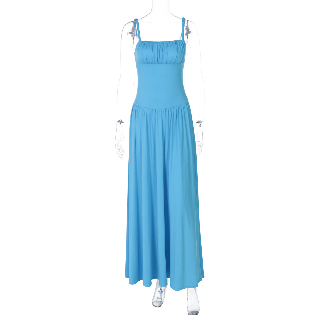 Off-neck Pleated Stitching High Waist Slimming Solid Color Sling Dress - Image 7
