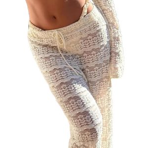 Womens Casual Hollow-Out Lace Patchwork Jacquard Knit Pants