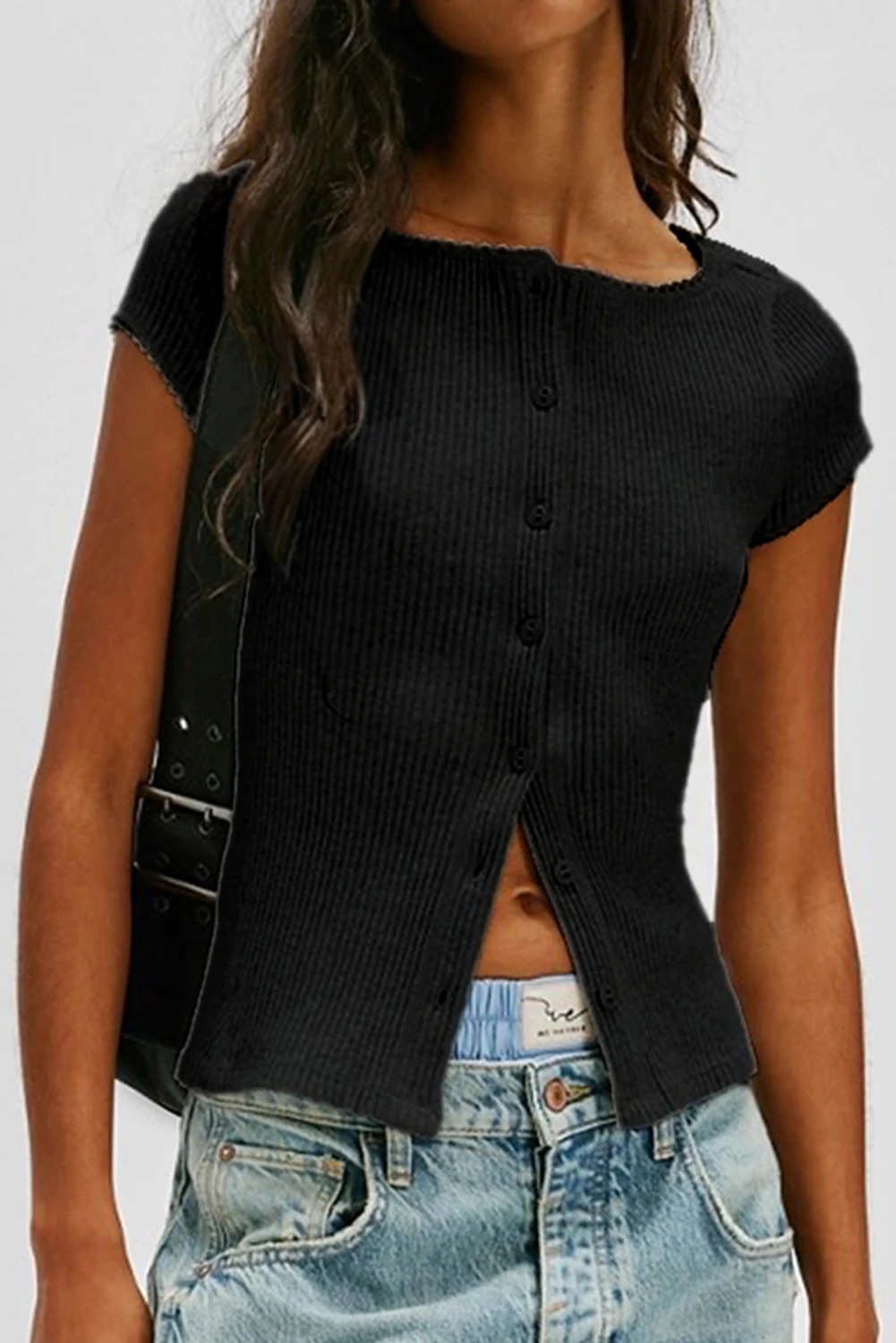 Womens Solid-color Versatile Short-sleeve Top With Buttons - Image 5